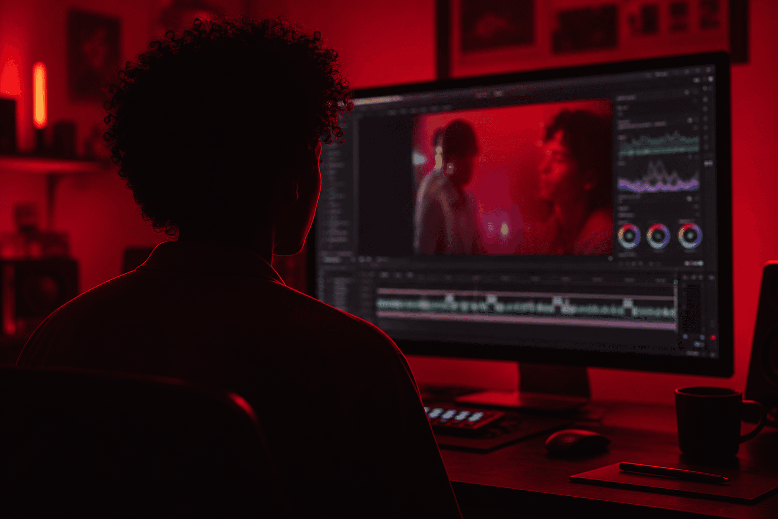 Creator editing video on a monitor